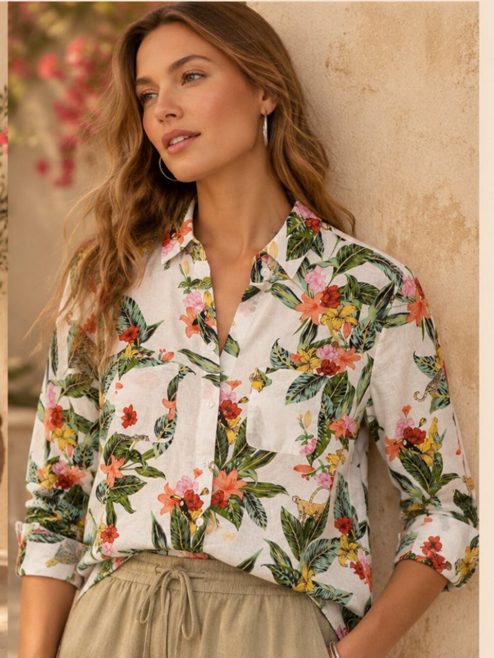 NWOT Charter Club Linen Luxury Shirt Tropical Floral Button Up Size Petite 2P